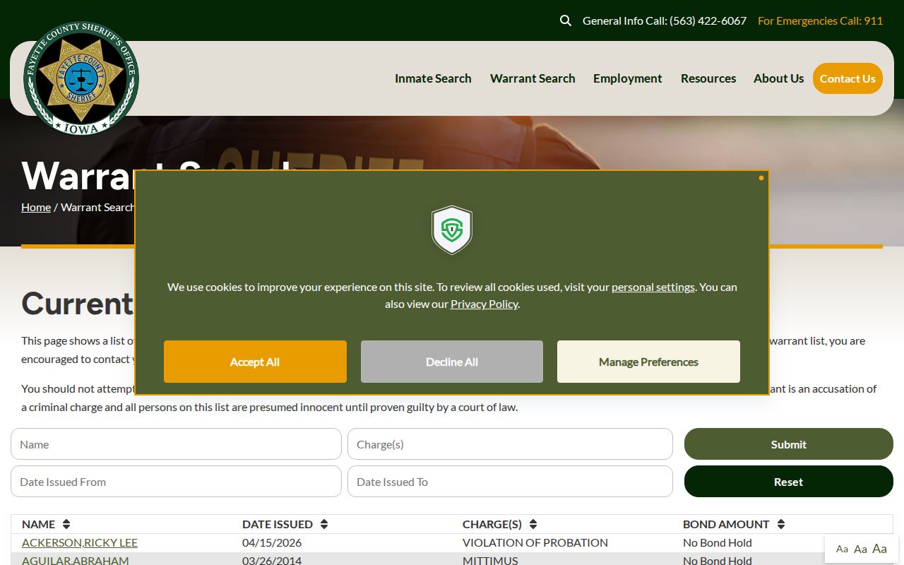Fayette County active-warrant search record page